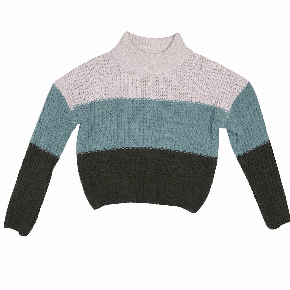 Pink Rose White Blue Green Colorblock Knit Earth Tone Mock Neck Sweater Sz Small